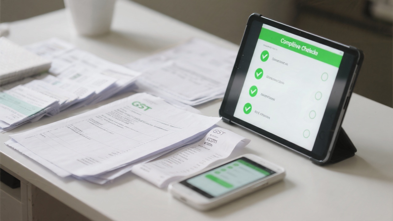 Neatly arranged GST documents and digital receipts on a desk beside a tablet showing a compliance checklist with green tick marks.