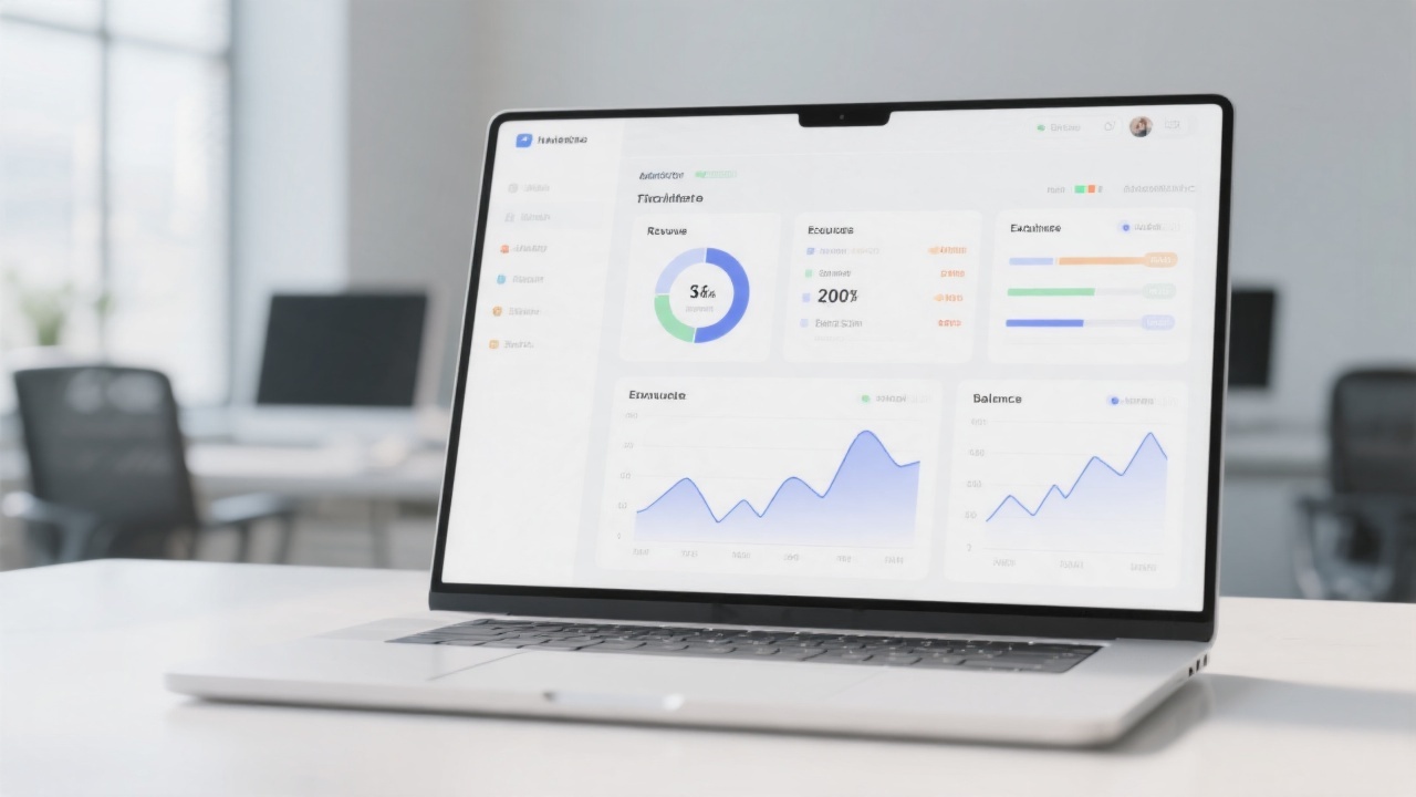 Modern financial dashboard mockup showing clear charts for revenue, expenses, and balance trends with a clean white interface on a laptop screen in a bright office.