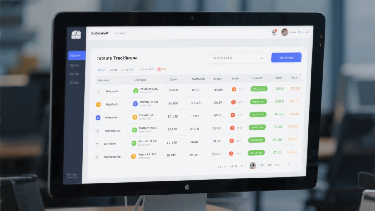Screenshot-style visual of invoice tracking with status labels, due dates, and payment method columns arranged in a neat table on a desktop monitor.