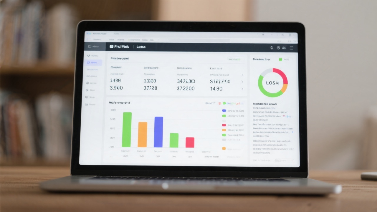 Laptop screen displaying a profit and loss report with section totals, color-coded variance indicators, and a sidebar summarizing key insights.